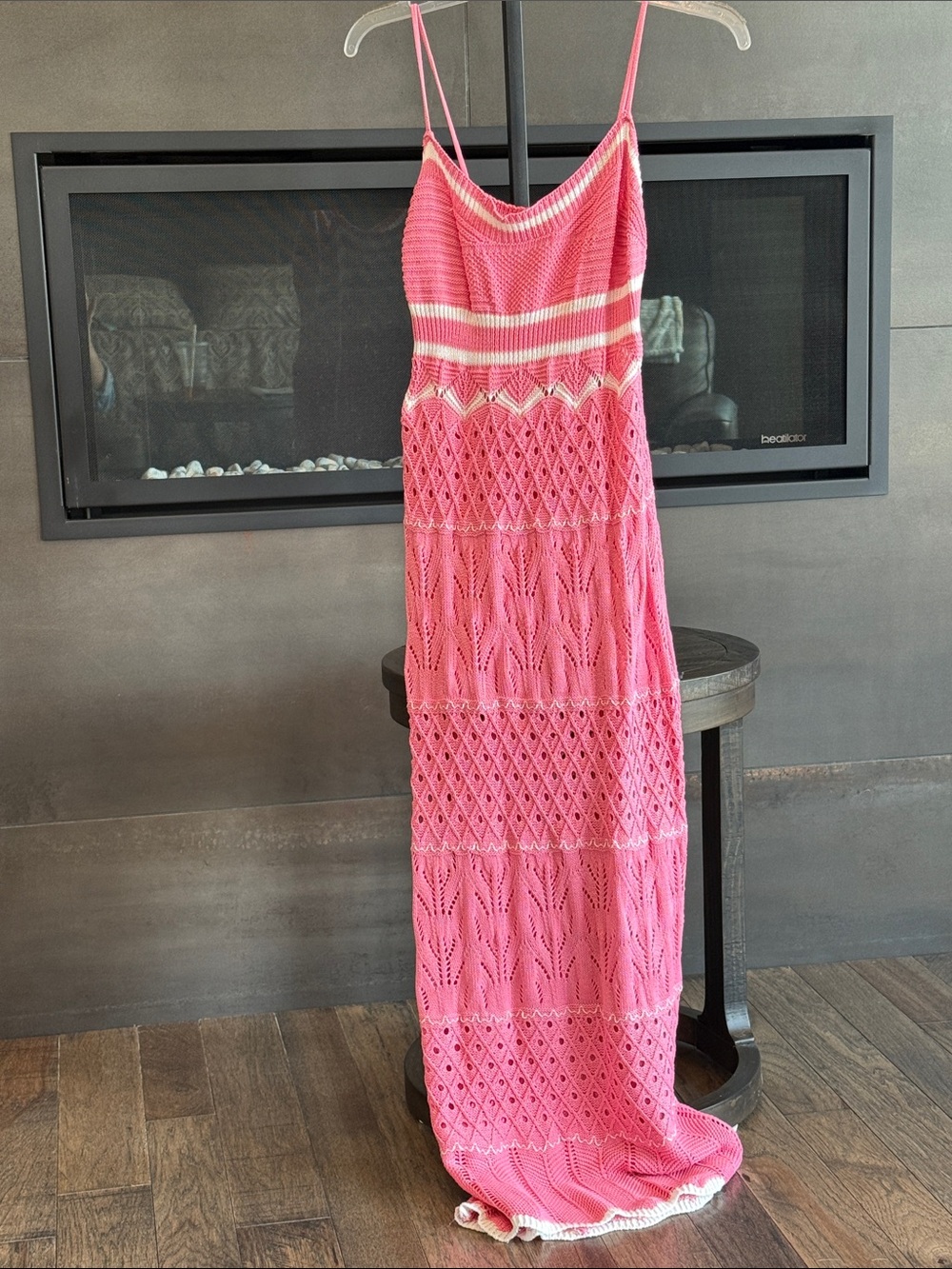 Hand-Knit Pink Maxi Dress with White Trim